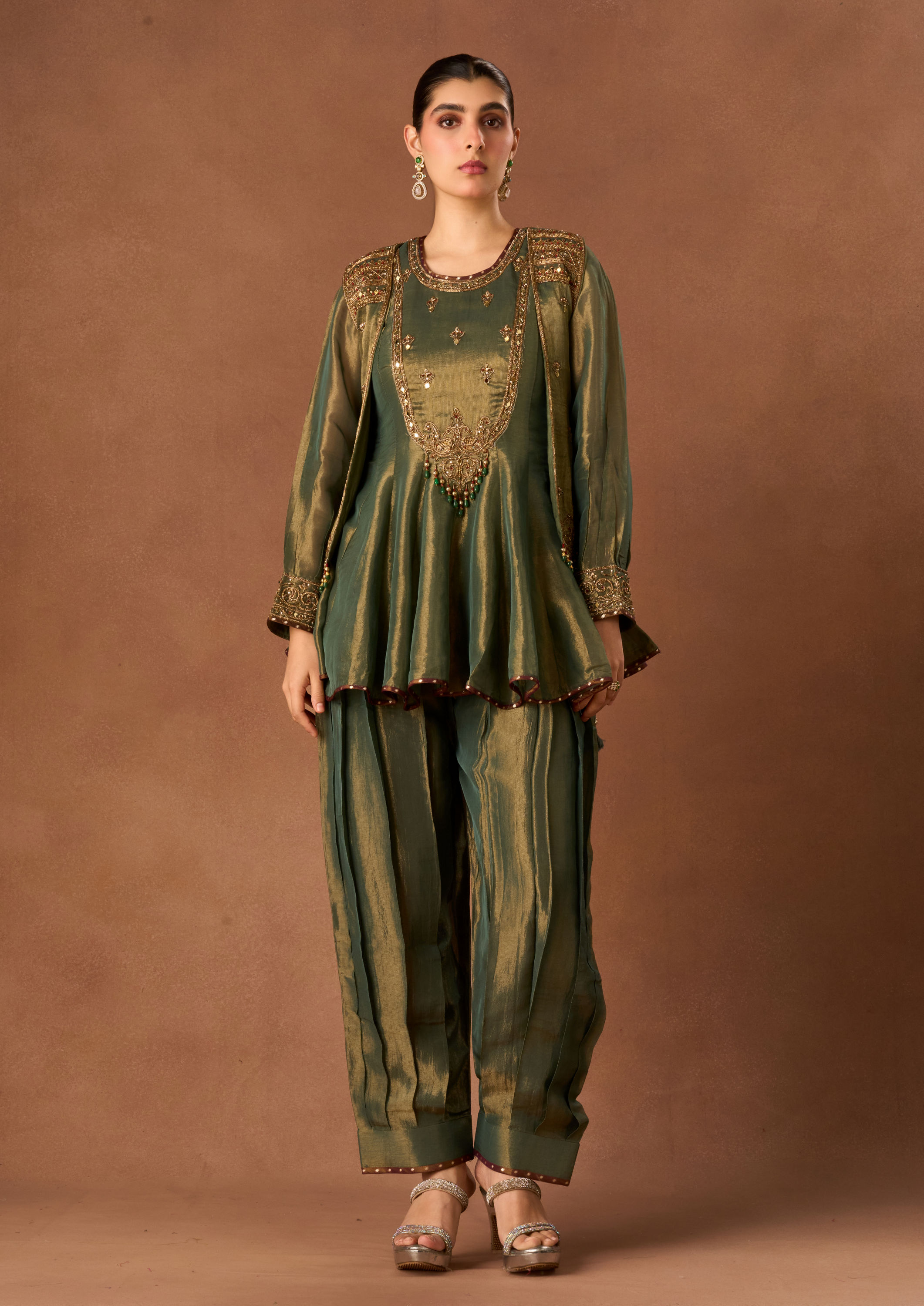 Twamev Women Sea Green Tissue Stitched Suit with Embroidery