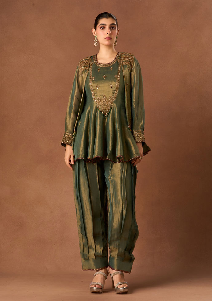 Twamev Women Sea Green Tissue Stitched Suit with Embroidery