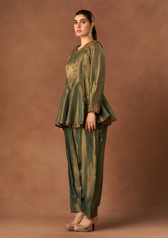 Twamev Women Sea Green Tissue Stitched Suit with Embroidery