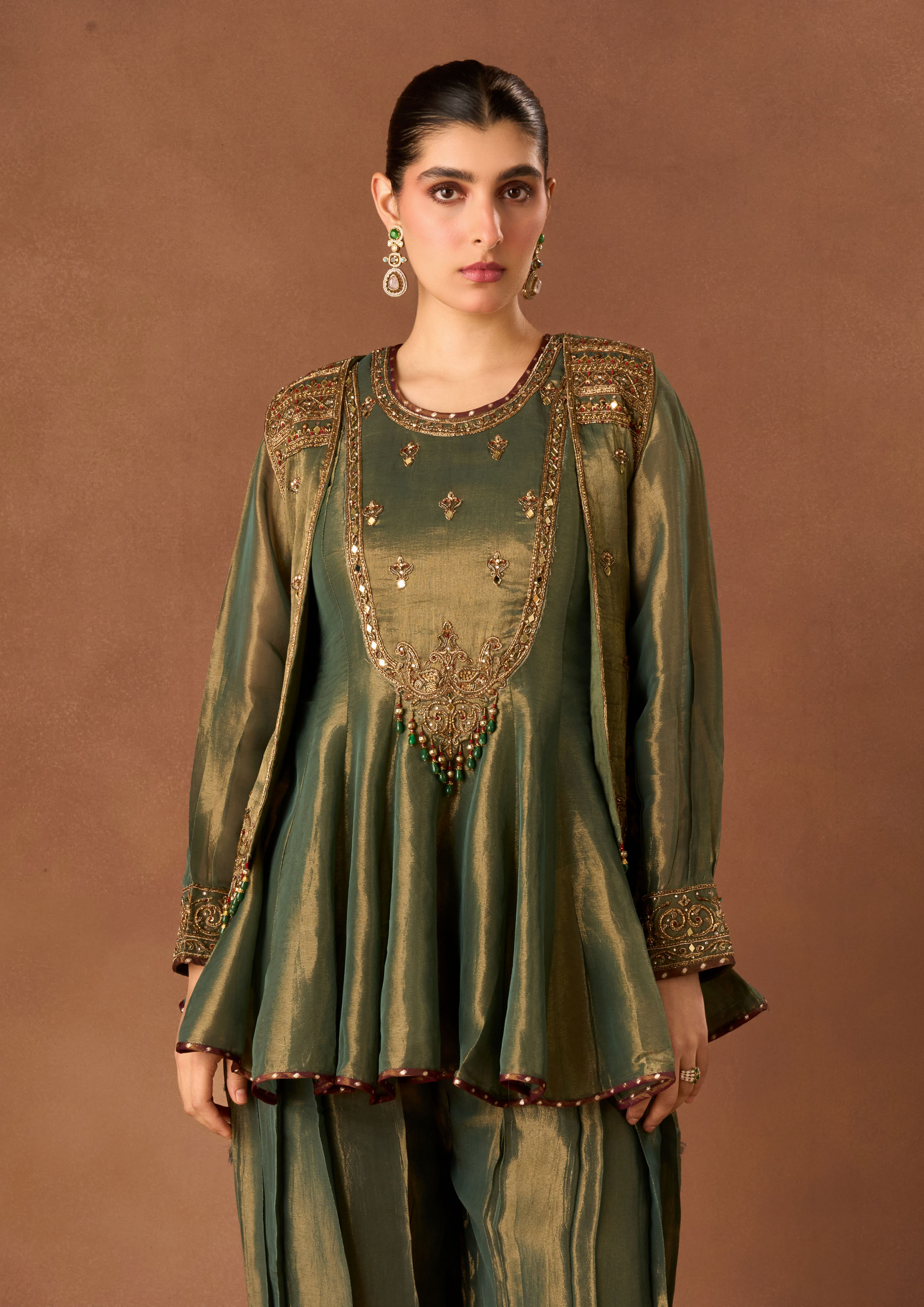 Twamev Women Sea Green Tissue Stitched Suit with Embroidery
