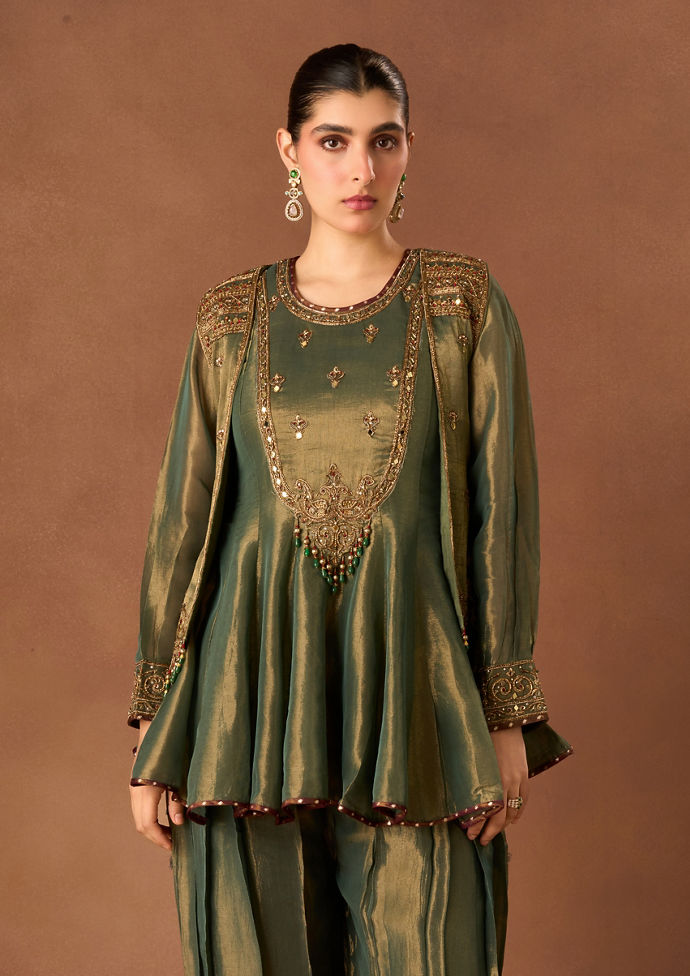 Twamev Women Sea Green Tissue Stitched Suit with Embroidery