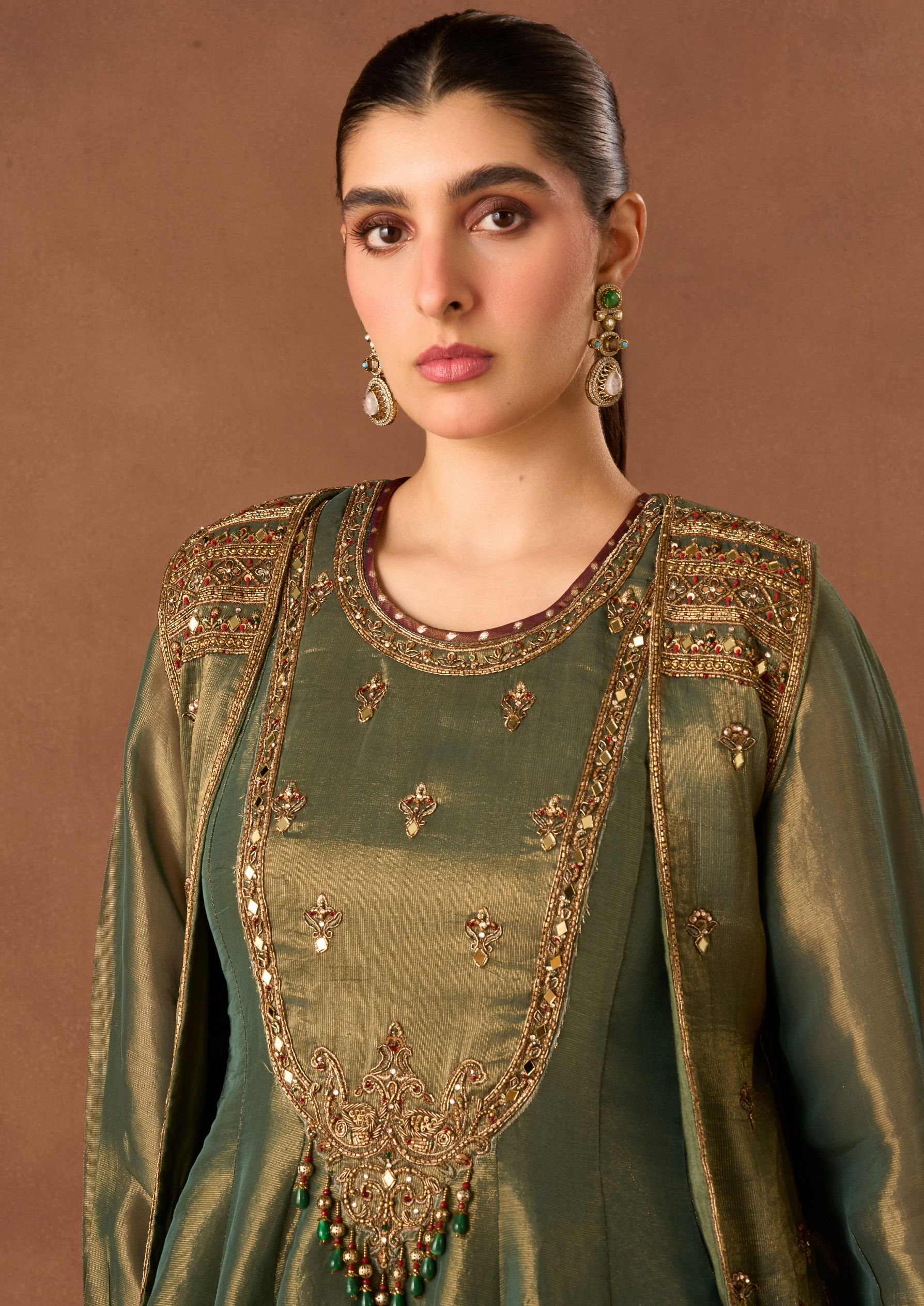 Twamev Women Sea Green Tissue Stitched Suit with Embroidery