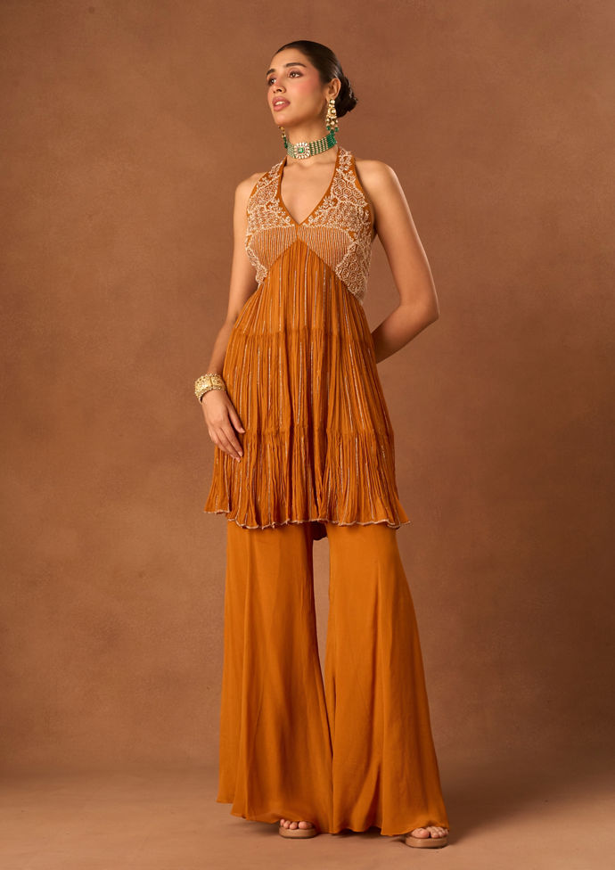 Twamev Women Orange Chinon Stitched Suit with Embroidery
