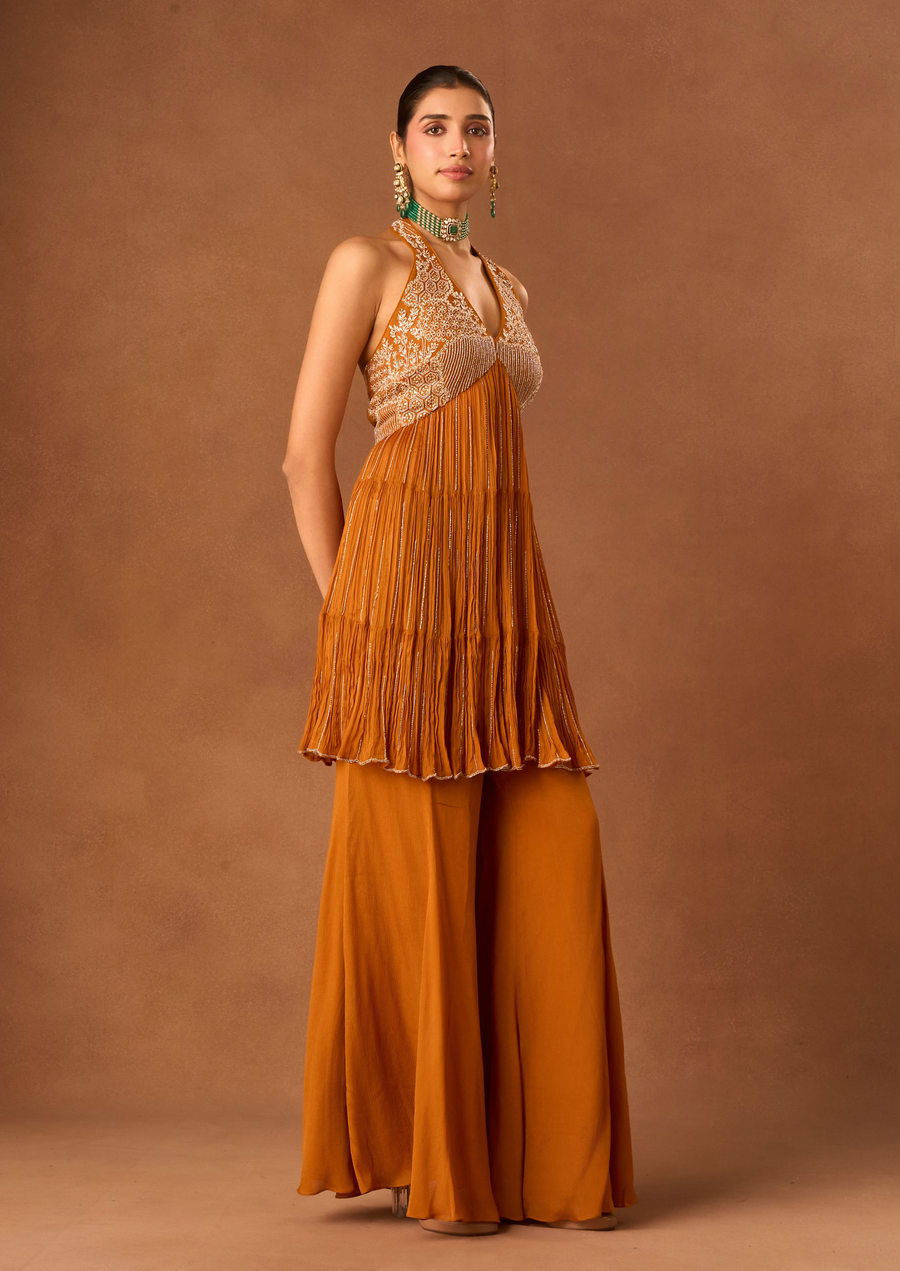 Twamev Women Orange Chinon Stitched Suit with Embroidery