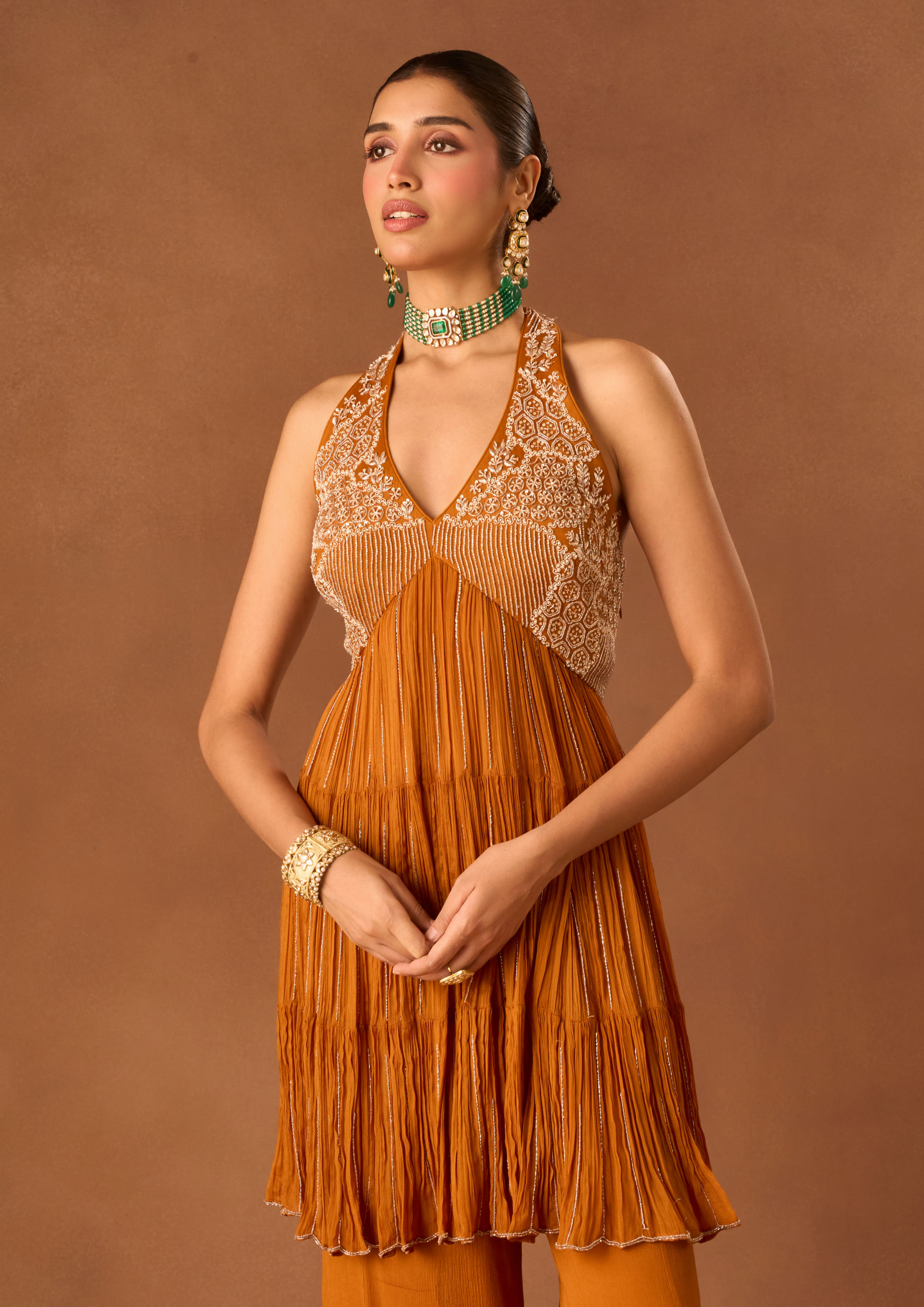 Twamev Women Orange Chinon Stitched Suit with Embroidery