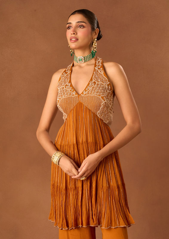 Twamev Women Orange Chinon Stitched Suit with Embroidery