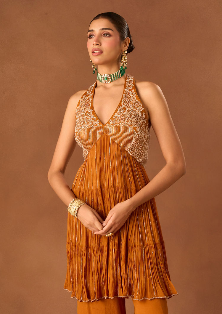 Twamev Women Orange Chinon Stitched Suit with Embroidery