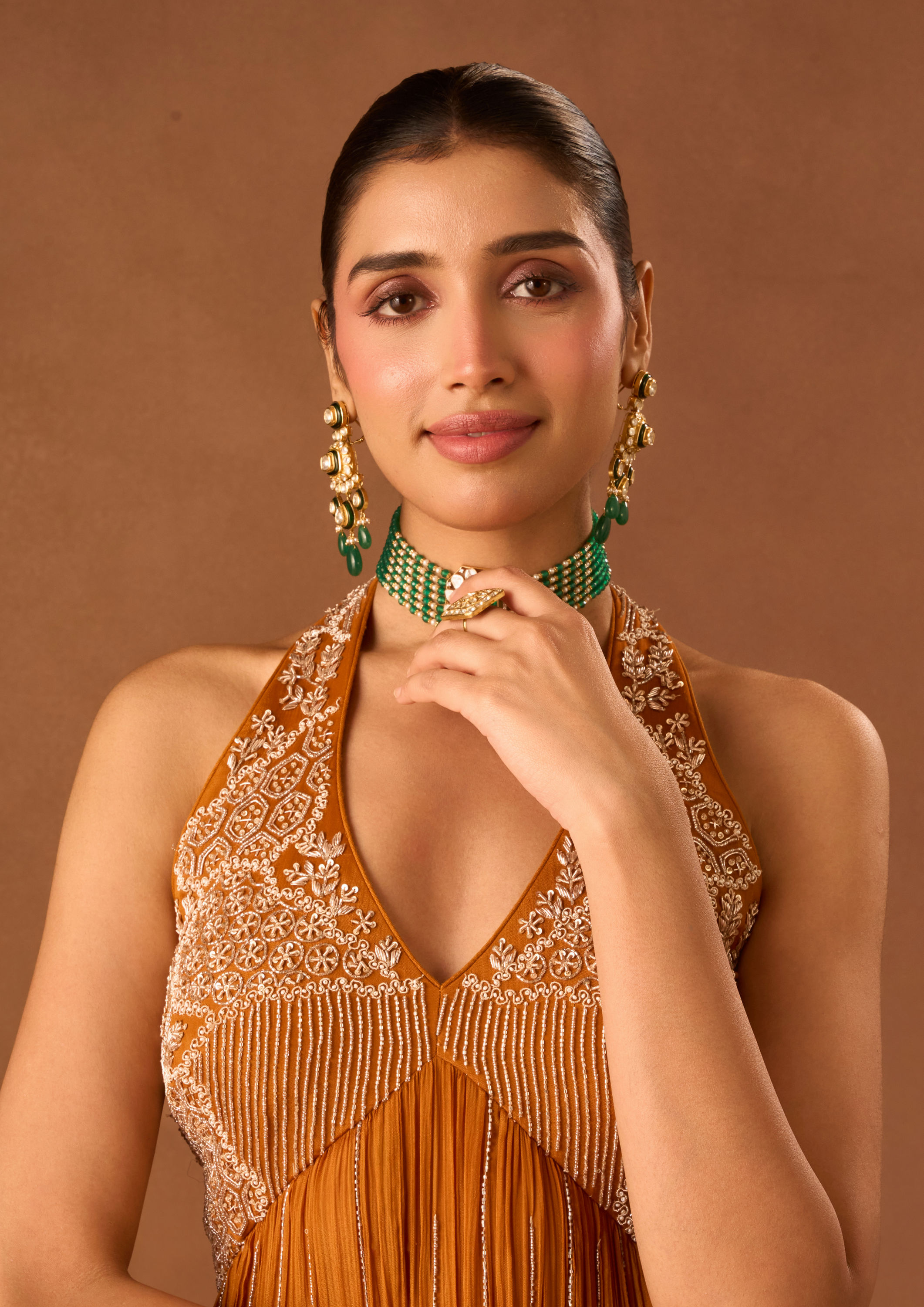 Twamev Women Orange Chinon Stitched Suit with Embroidery