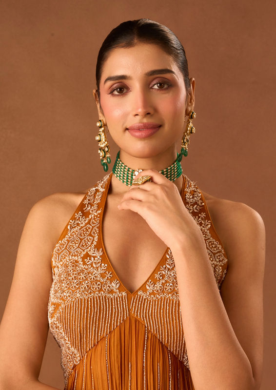 Twamev Women Orange Chinon Stitched Suit with Embroidery