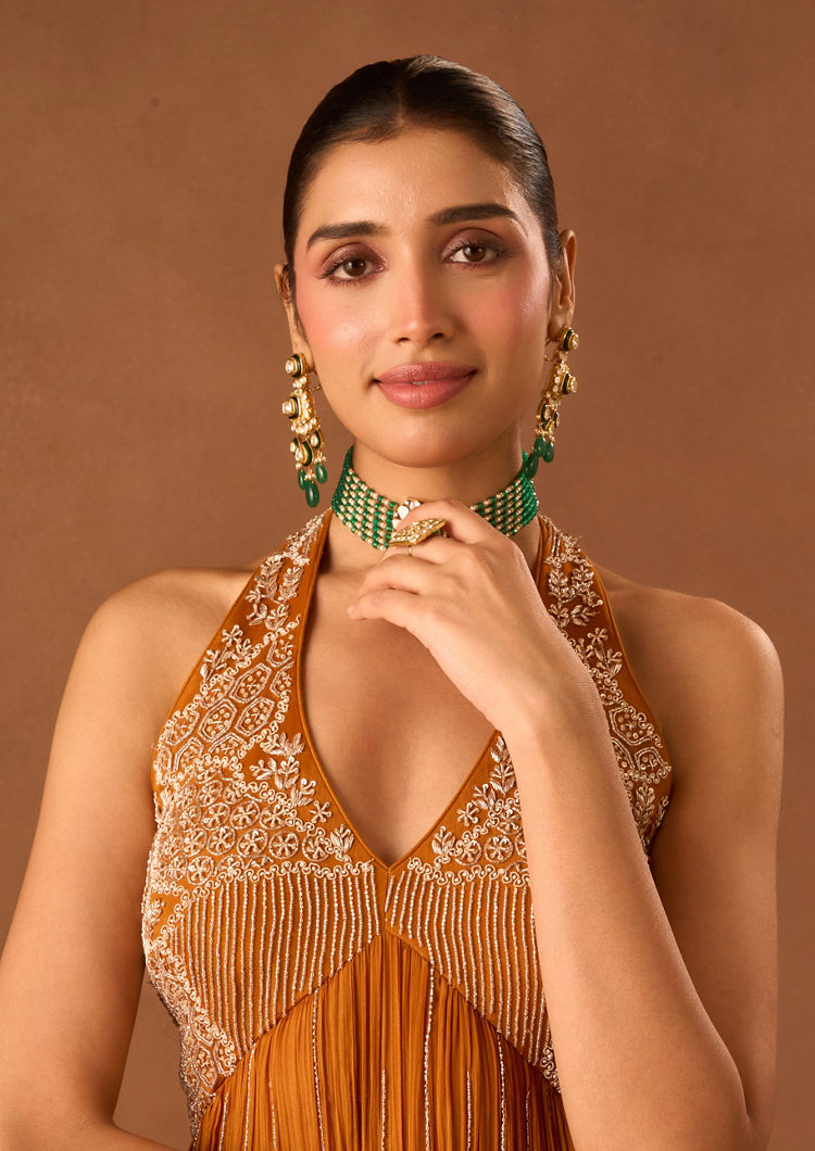 Twamev Women Orange Chinon Stitched Suit with Embroidery
