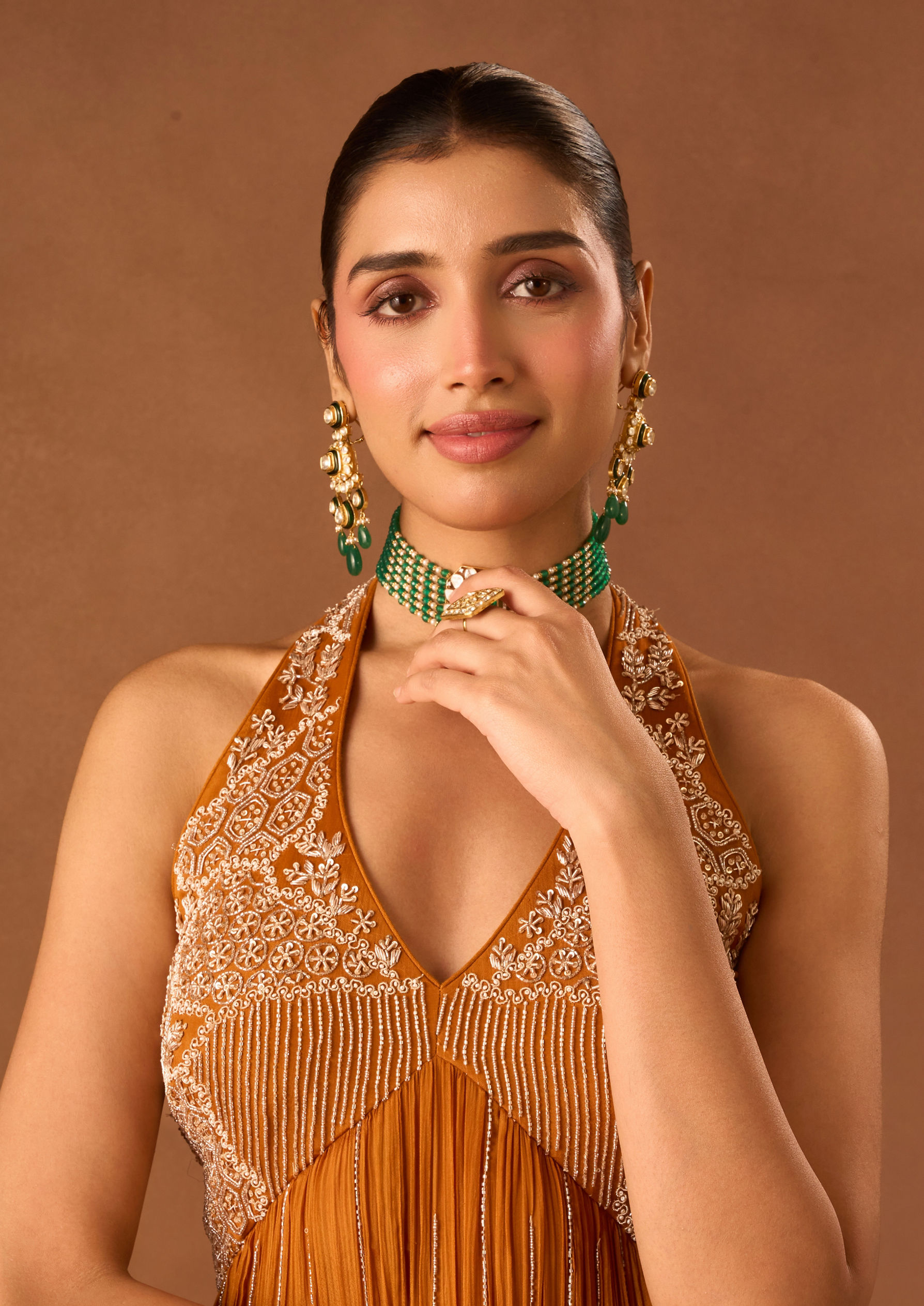 Twamev Women Orange Chinon Stitched Suit with Embroidery
