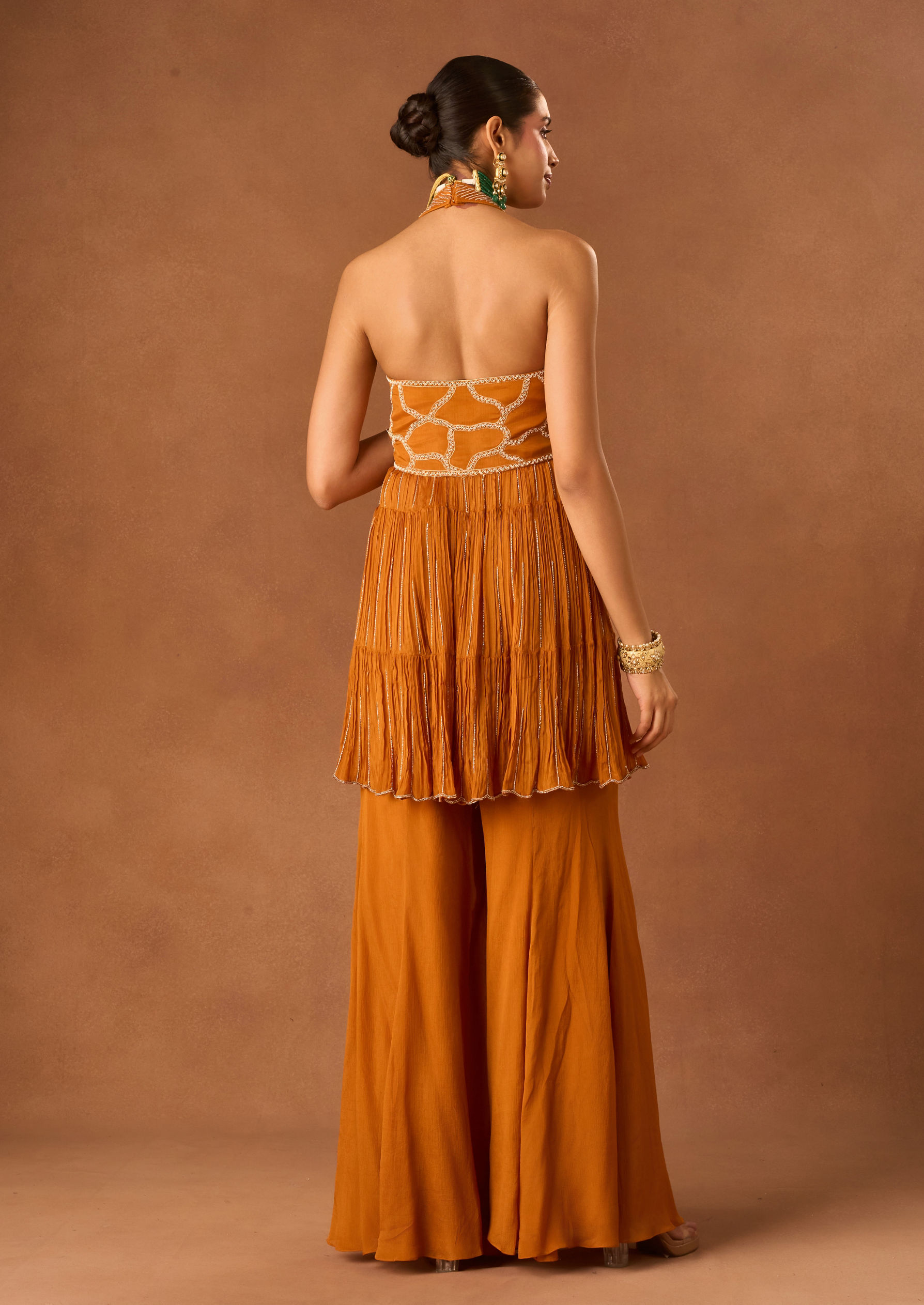 Twamev Women Orange Chinon Stitched Suit with Embroidery