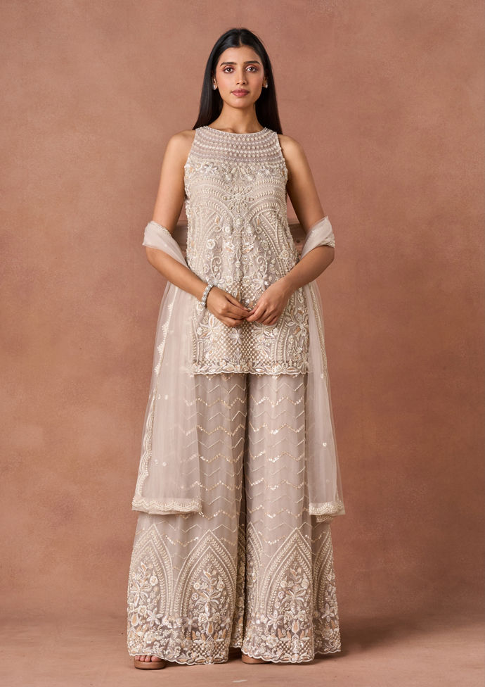 Twamev Women Ivory Beaded Texture Stitched Suit