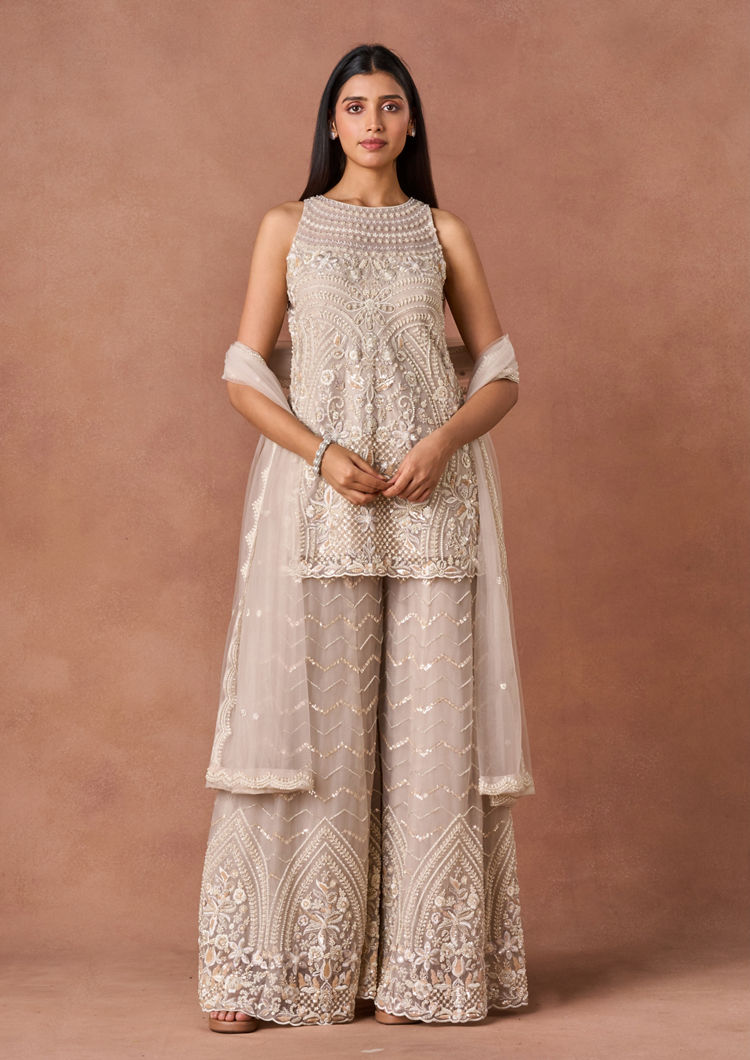 Twamev Women Ivory Beaded Texture Stitched Suit
