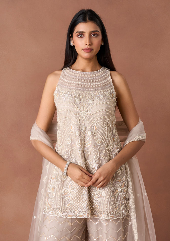 Twamev Women Ivory Beaded Texture Stitched Suit