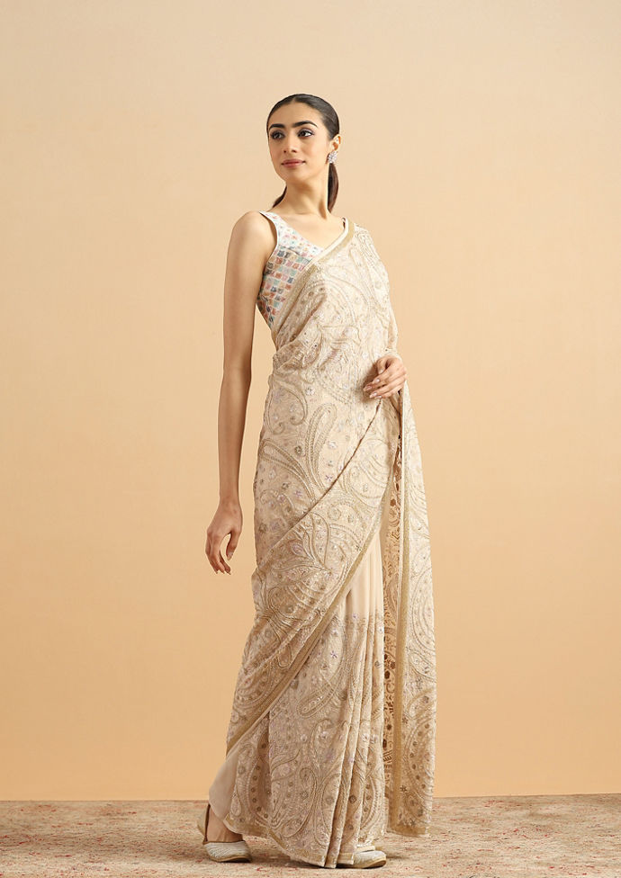 Twamev Women Graceful Cream Georgette Saree