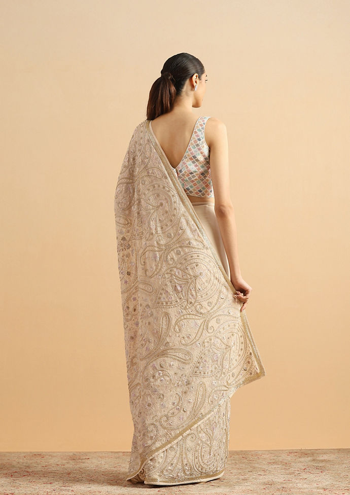 Twamev Women Graceful Cream Georgette Saree