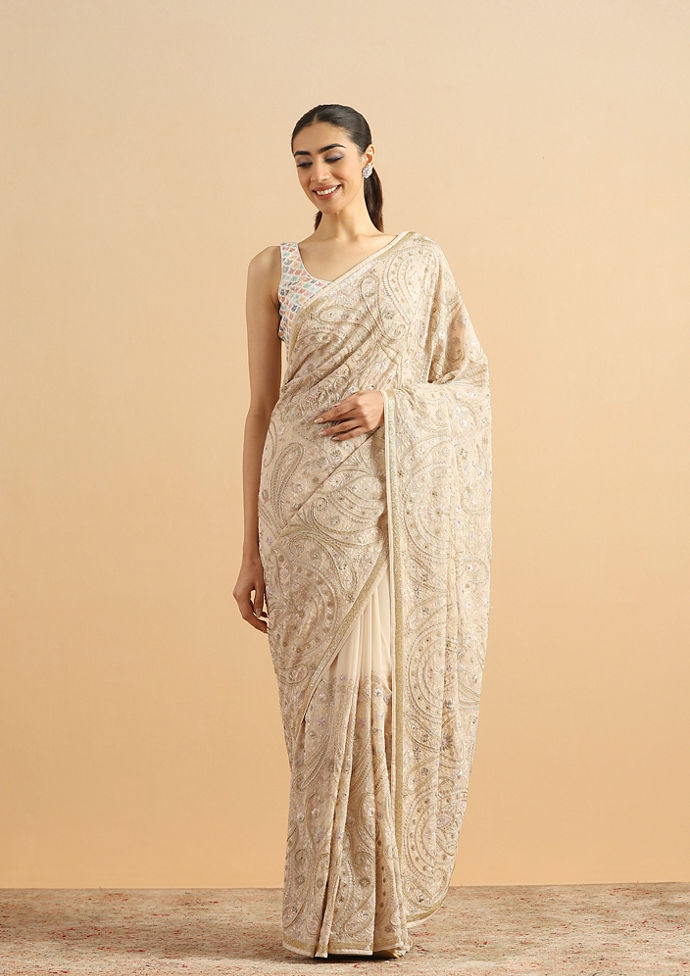 Twamev Women Graceful Cream Georgette Saree