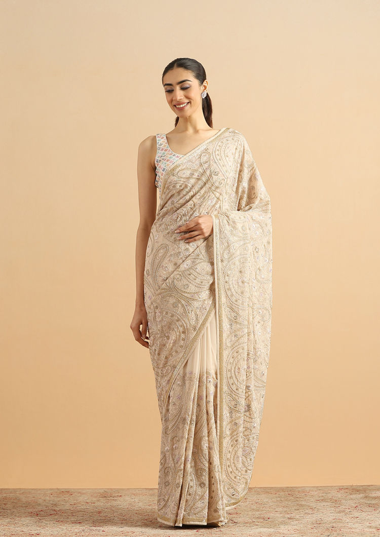 Twamev Women Graceful Cream Georgette Saree