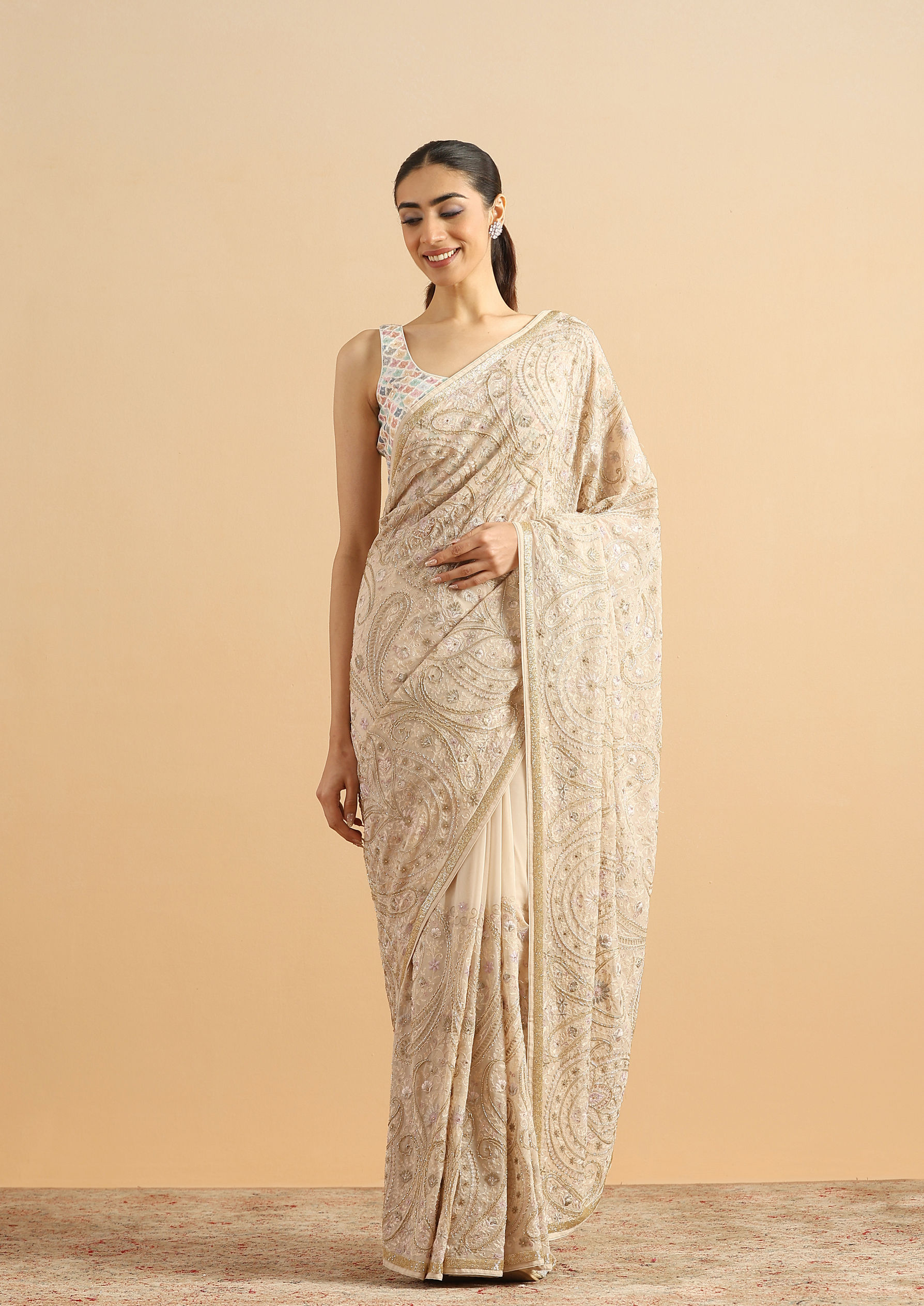 Twamev Women Graceful Cream Georgette Saree