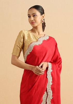 alt message - Twamev Women Scarlet Seduction Red Satin Cocktail Saree image number 1