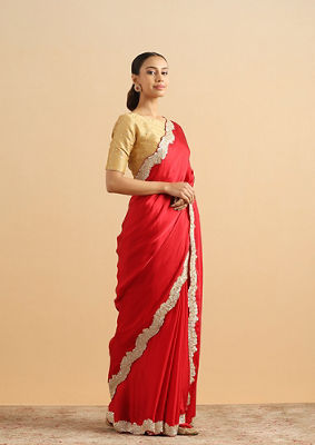 alt message - Twamev Women Scarlet Seduction Red Satin Cocktail Saree image number 3