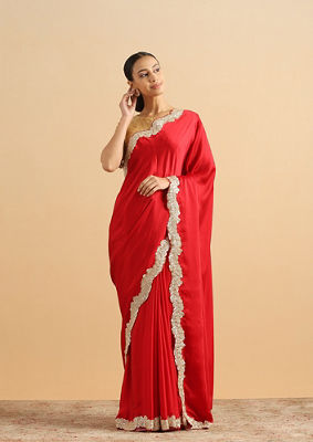 alt message - Twamev Women Scarlet Seduction Red Satin Cocktail Saree image number 0