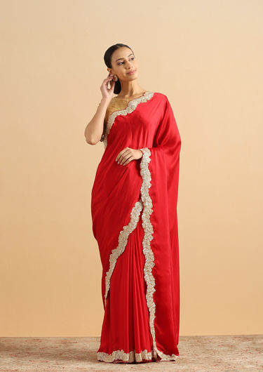 alt message - Twamev Women Scarlet Seduction Red Satin Cocktail Saree image number 0