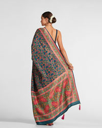 Twamev Women Teal Blue Silk Multicolour Floral Woven Saree