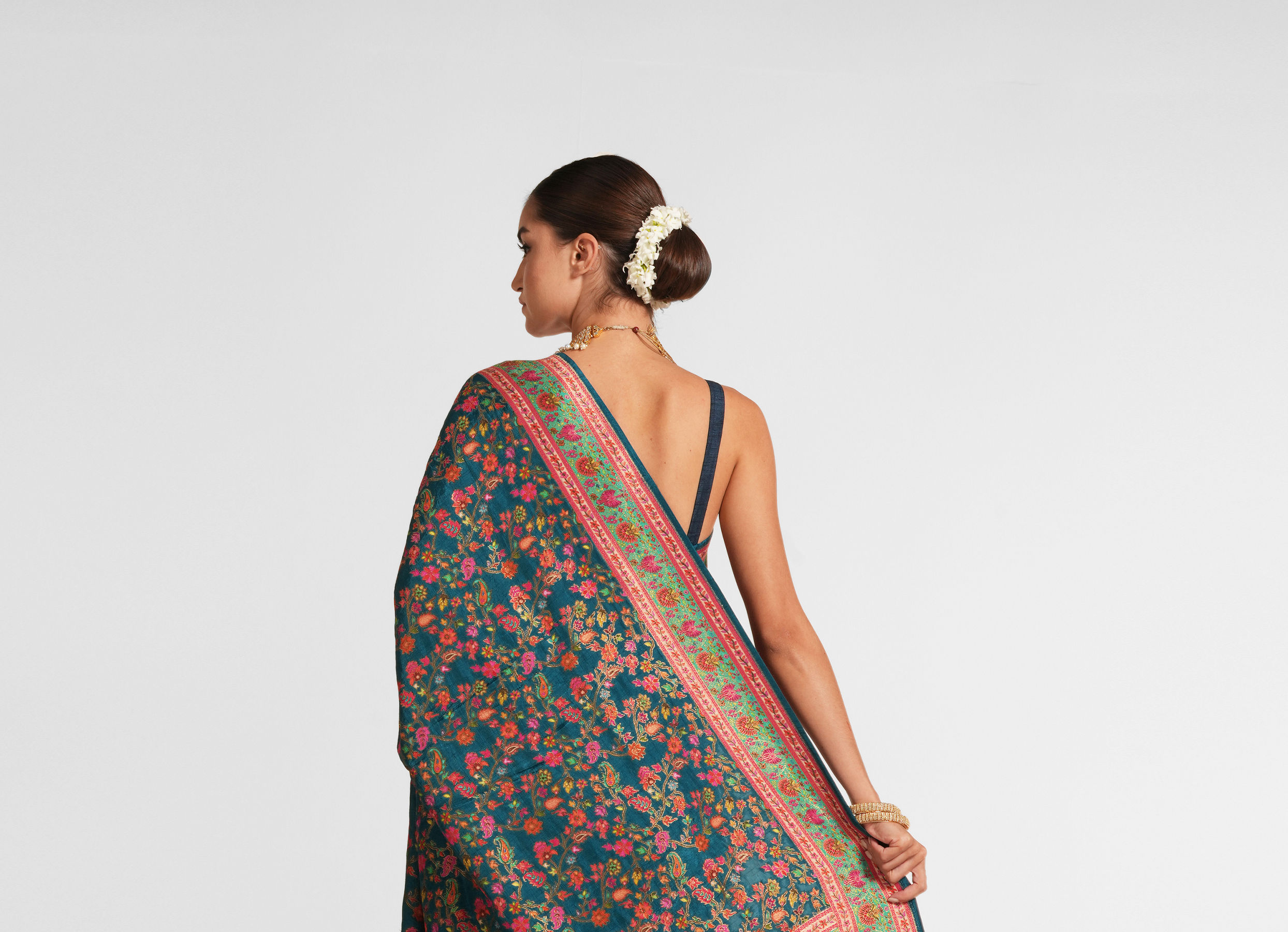 Twamev Women Teal Blue Silk Multicolour Floral Woven Saree