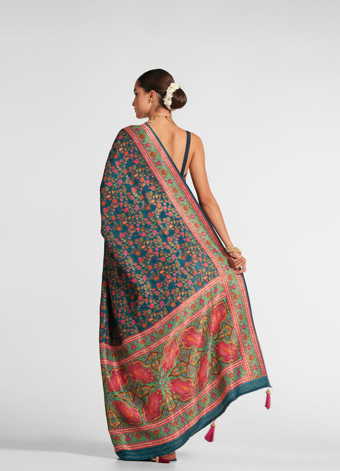 Twamev Women Teal Blue Silk Multicolour Floral Woven Saree
