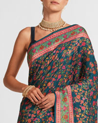Twamev Women Teal Blue Silk Multicolour Floral Woven Saree