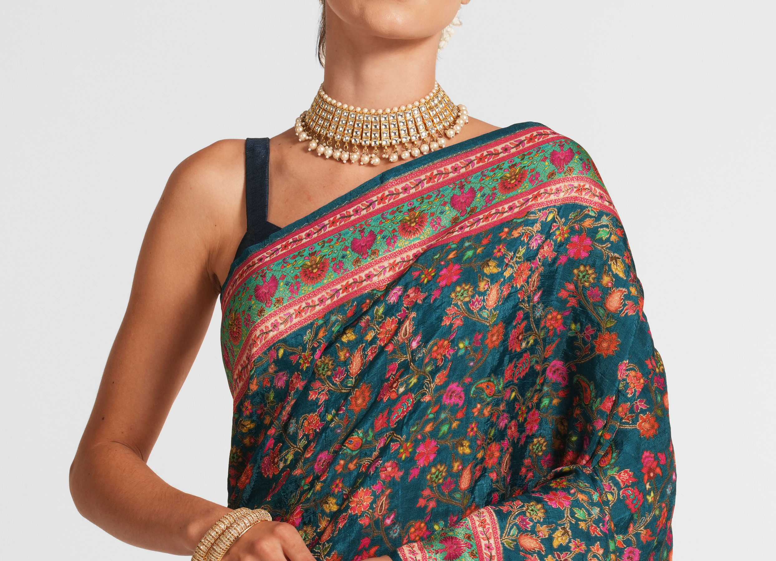 Twamev Women Teal Blue Silk Multicolour Floral Woven Saree