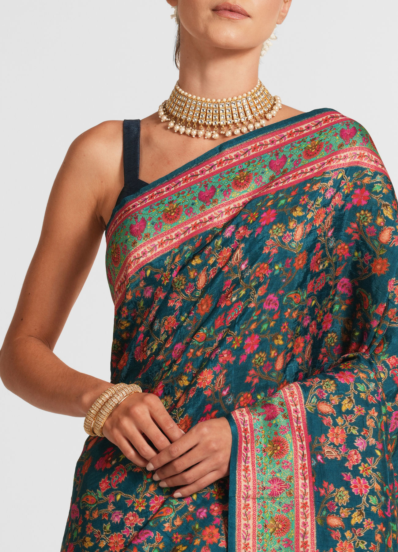 Twamev Women Teal Blue Silk Multicolour Floral Woven Saree