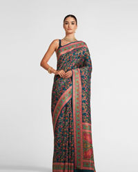 Twamev Women Teal Blue Silk Multicolour Floral Woven Saree
