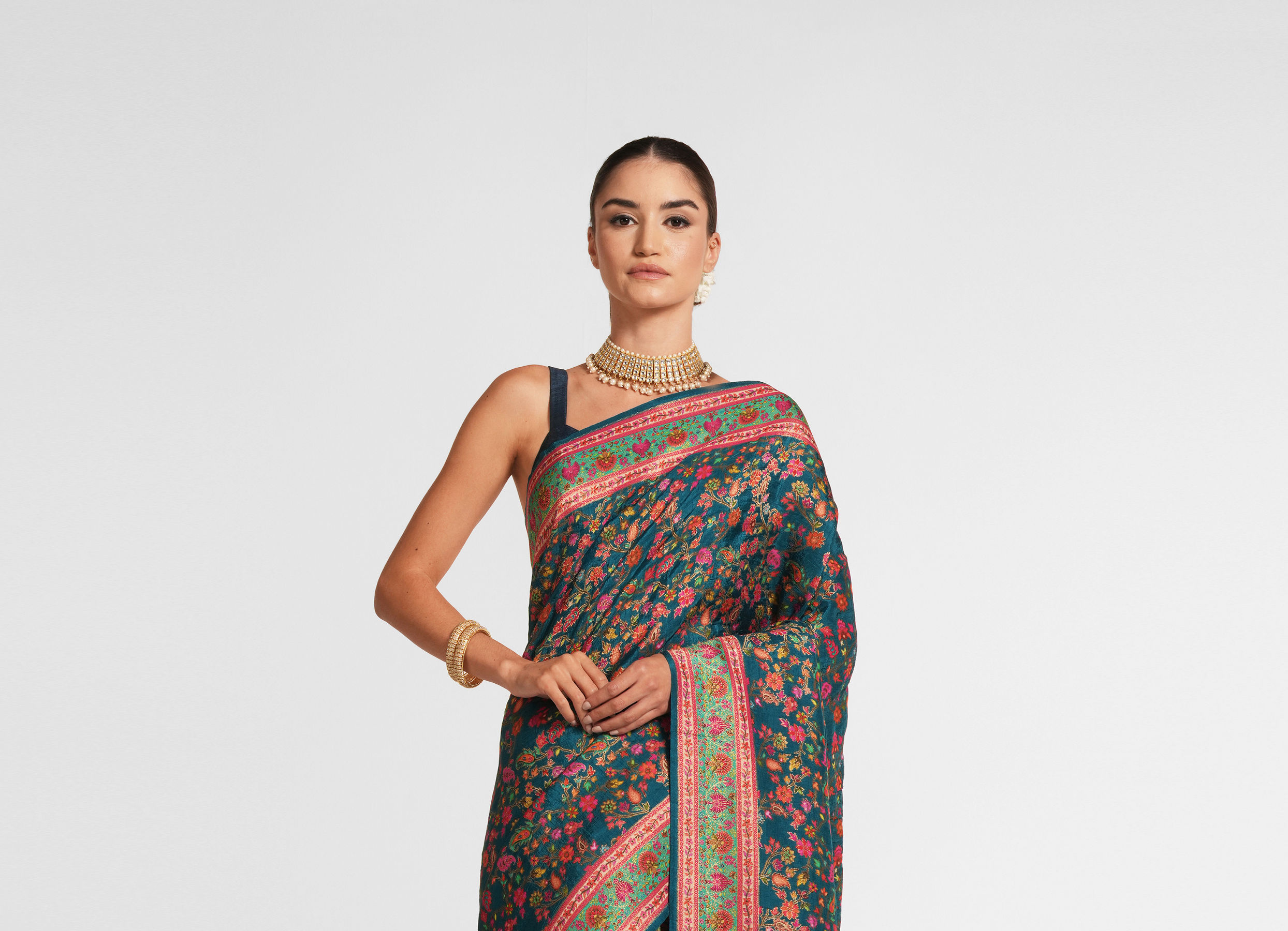 Twamev Women Teal Blue Silk Multicolour Floral Woven Saree
