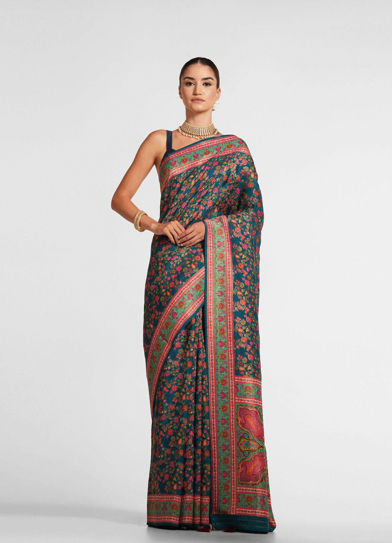 Twamev Women Teal Blue Silk Multicolour Floral Woven Saree