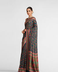 Twamev Women Teal Blue Silk Multicolour Floral Woven Saree
