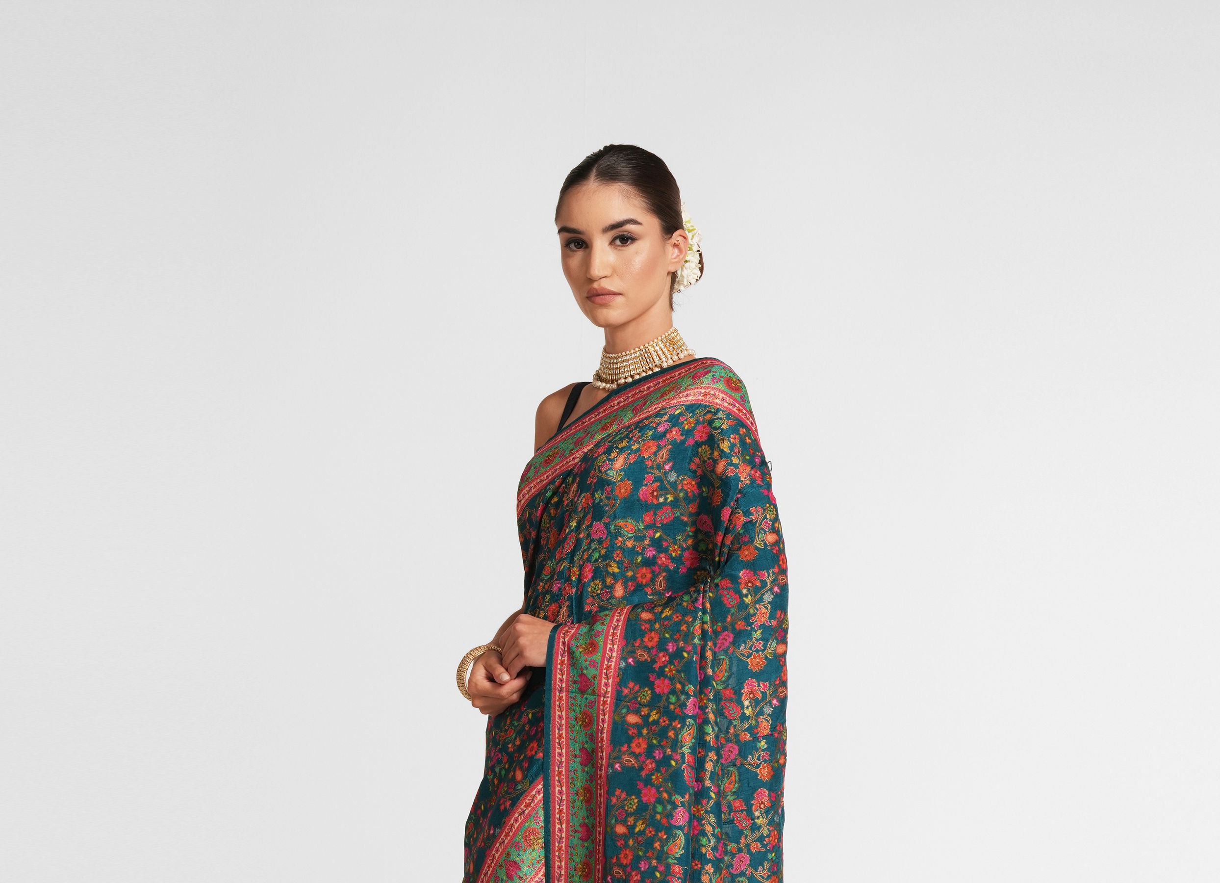 Twamev Women Teal Blue Silk Multicolour Floral Woven Saree
