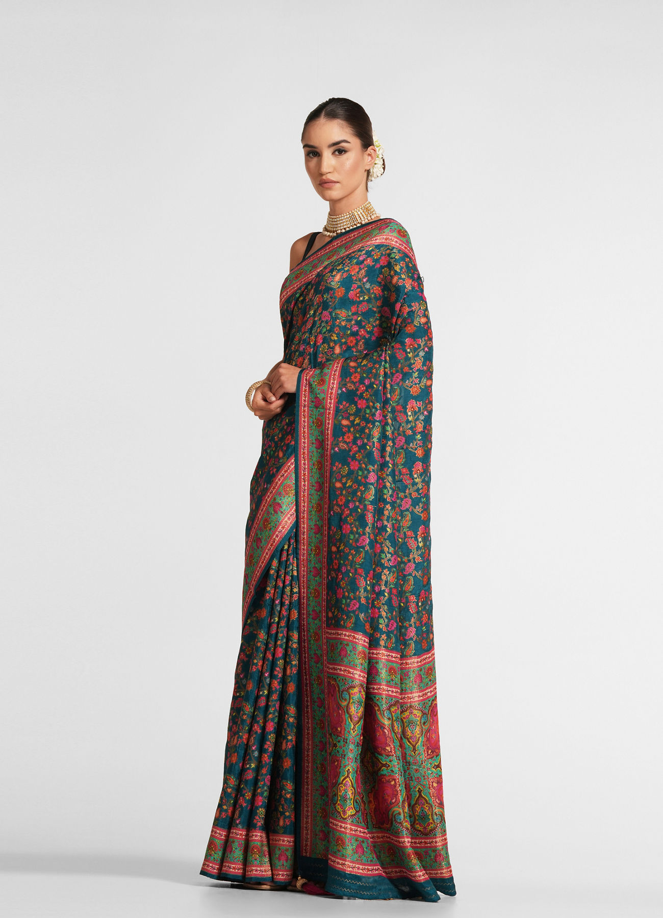 Twamev Women Teal Blue Silk Multicolour Floral Woven Saree