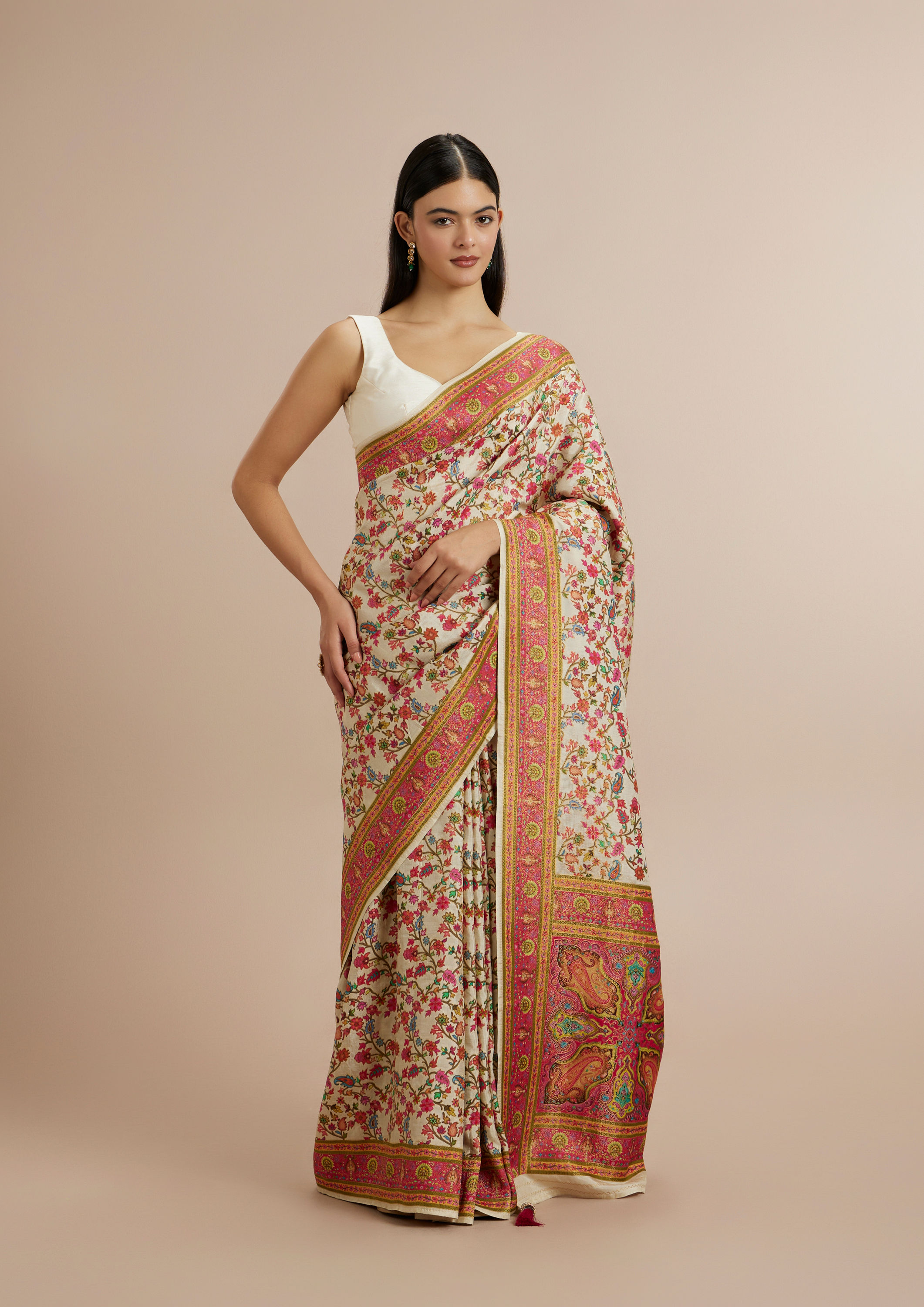 Twamev Women Enchanting Cream Saree with Unstitched Blouse