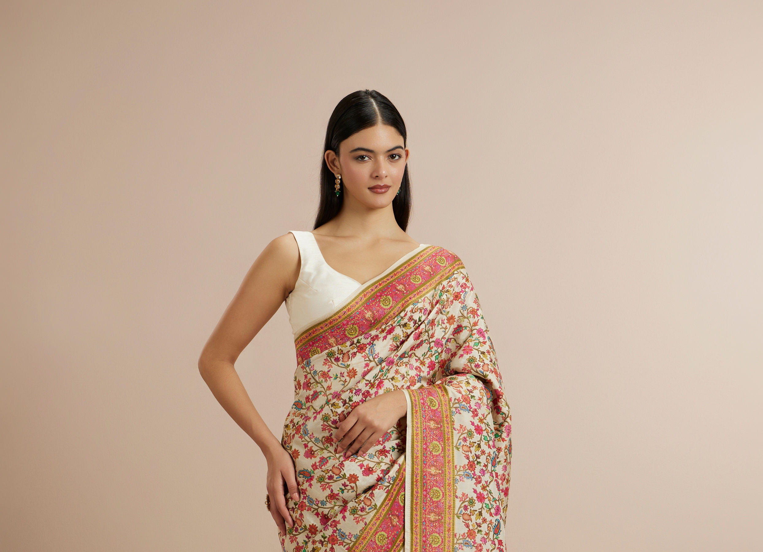 Twamev Women Cream Silk Multicolour Floral Woven Saree