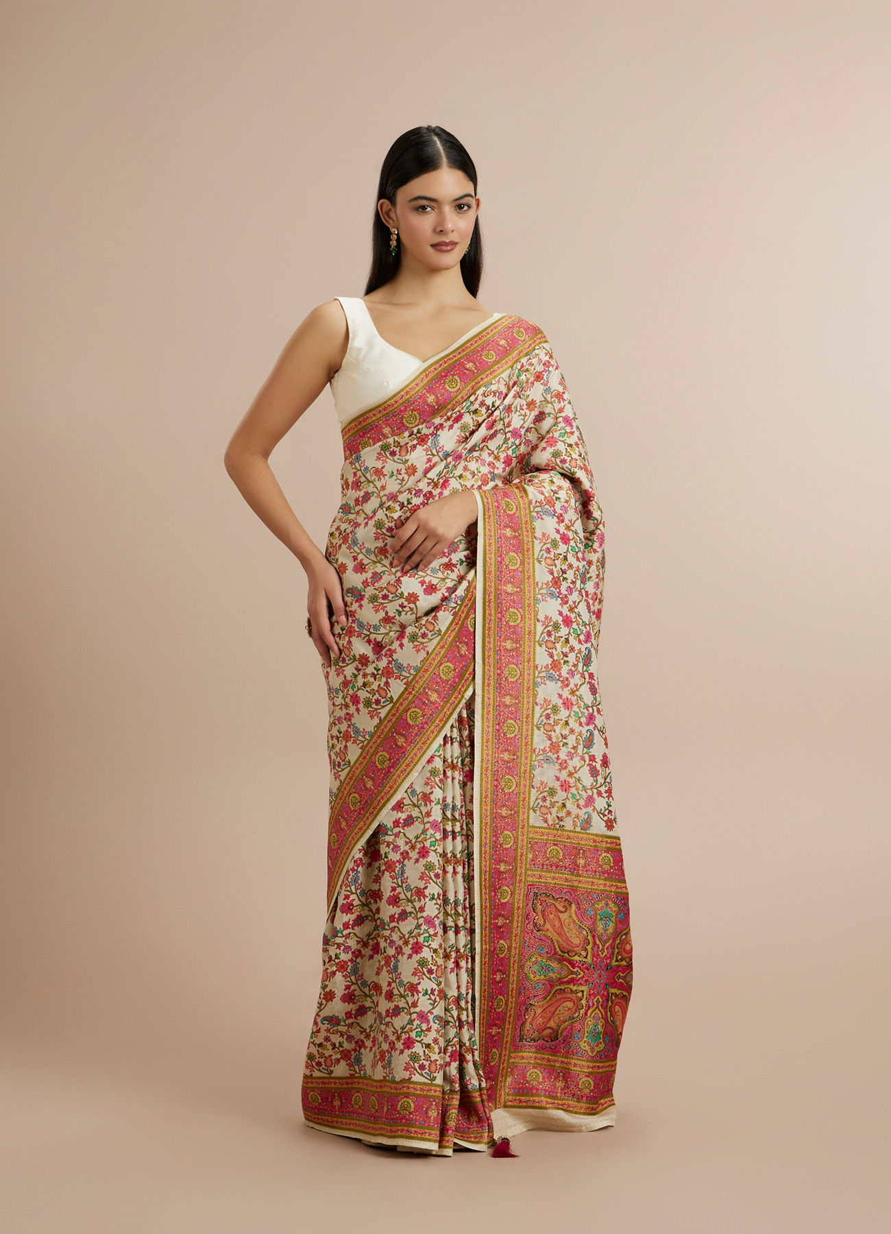 Twamev Women Cream Silk Multicolour Floral Woven Saree