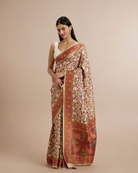 Twamev Women Cream Silk Multicolour Floral Woven Saree