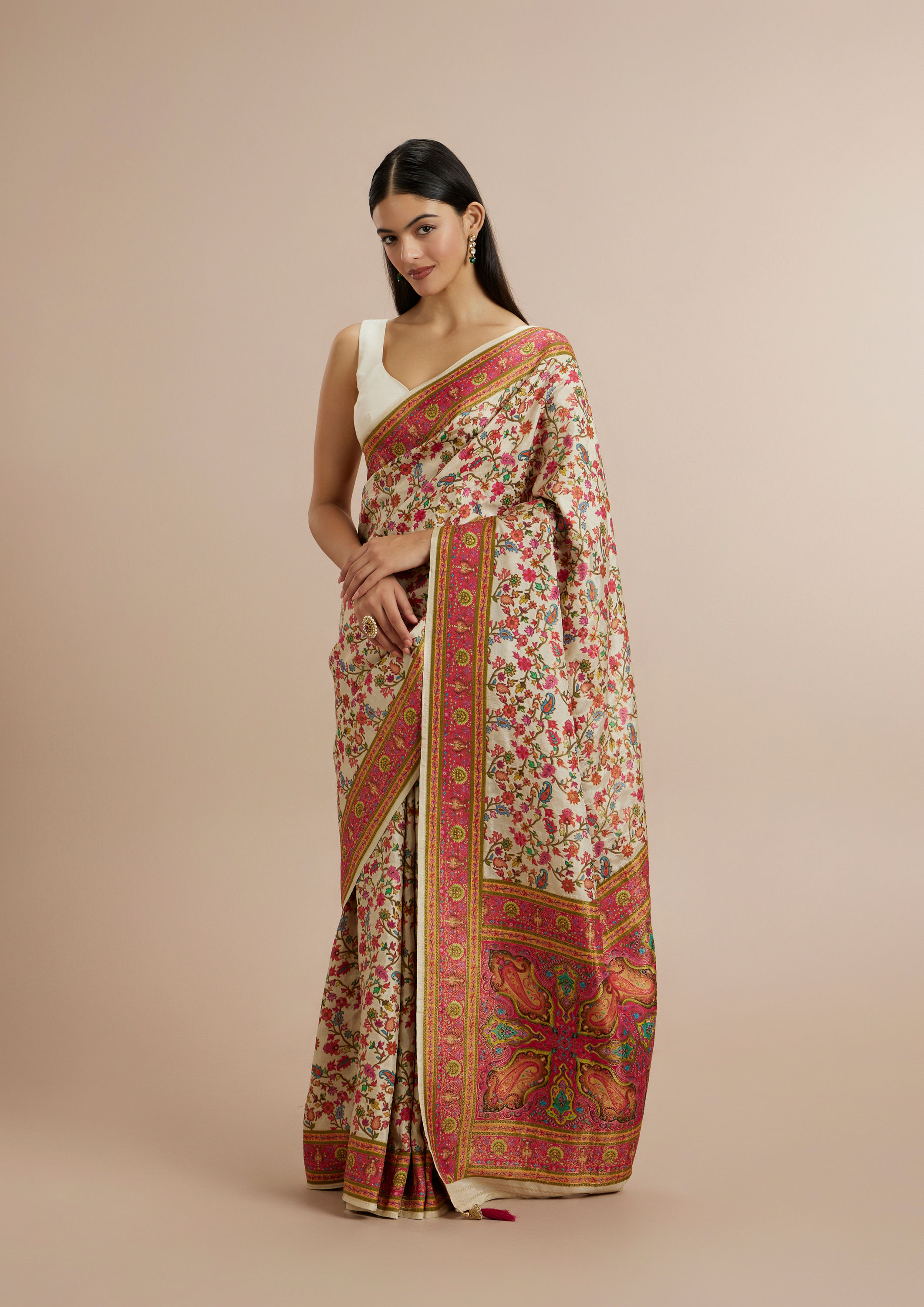 Twamev Women Enchanting Cream Saree with Unstitched Blouse