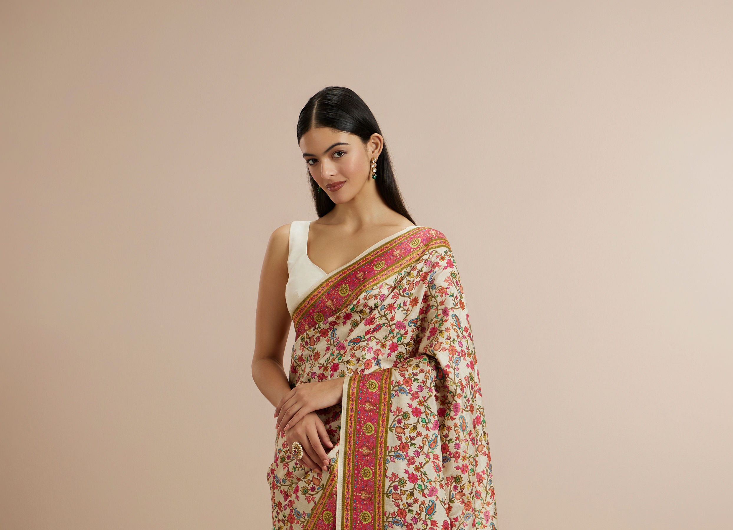 Twamev Women Cream Silk Multicolour Floral Woven Saree