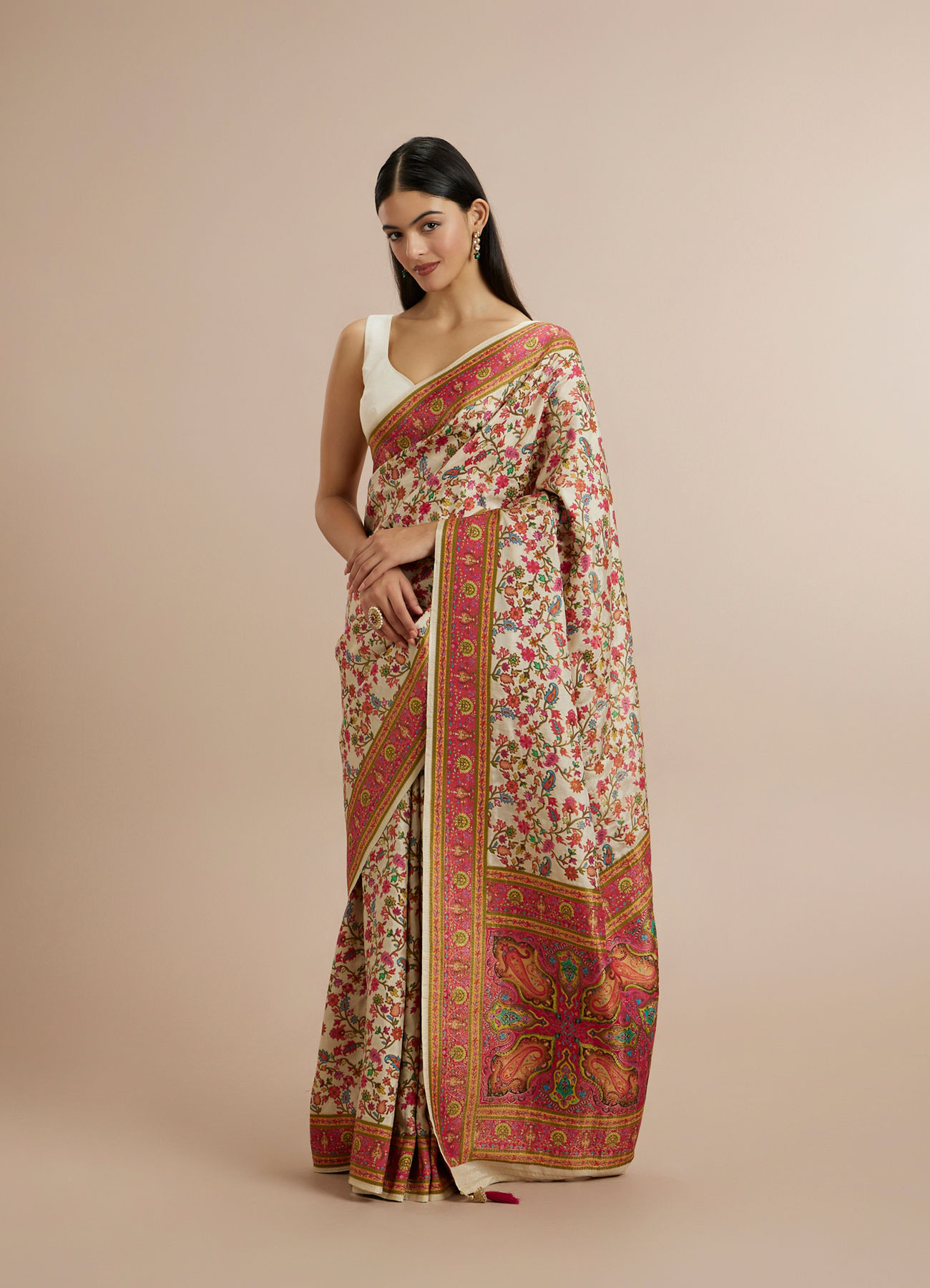 Twamev Women Cream Silk Multicolour Floral Woven Saree