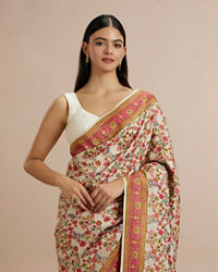 Twamev Women Cream Silk Multicolour Floral Woven Saree