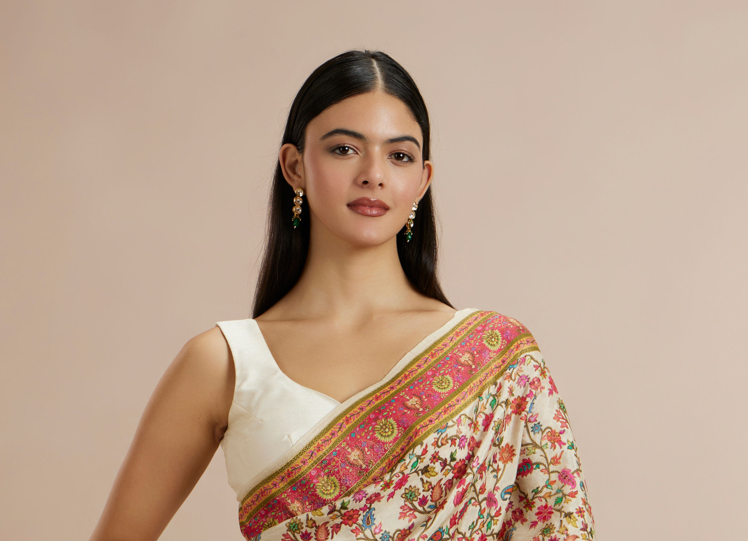 Twamev Women Cream Silk Multicolour Floral Woven Saree