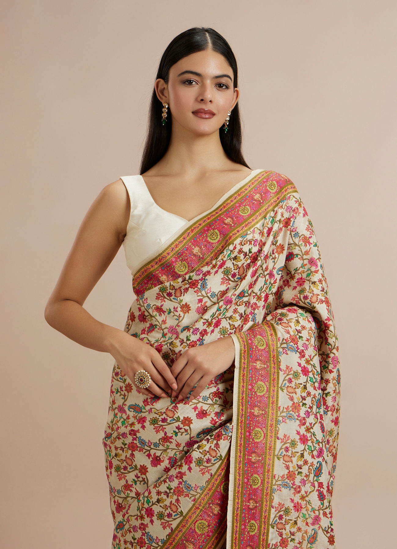 Twamev Women Cream Silk Multicolour Floral Woven Saree